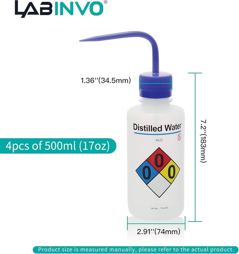 LINVO 4pcs of Distilled Water Wash Bottles, Vol.500ml (17oz), Narrow Mouth, Self-Venting Safety Wash Bottles, LDPE Material, IN-WBD500 - Image 2